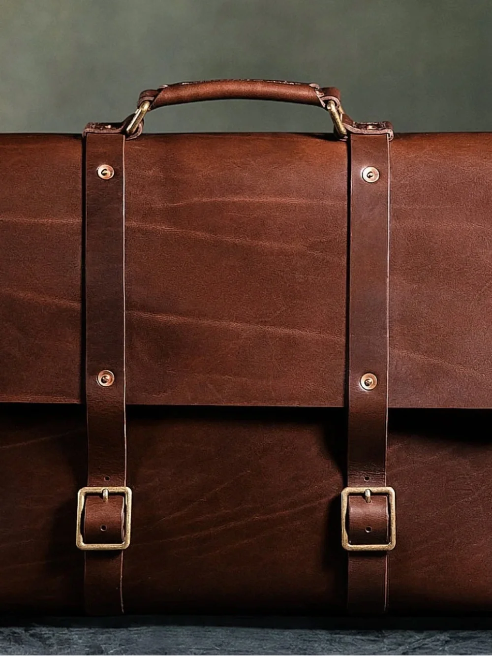 Men's Brown Leather Briefcase with Brass Buckles